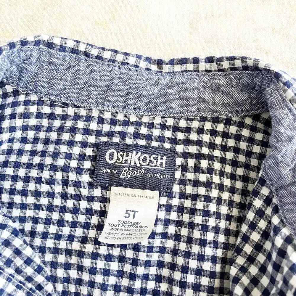 OshKosh Bgosh Gingham Shirt Boys Sz 5T Button Front Short Sleeve Navy Blue 5